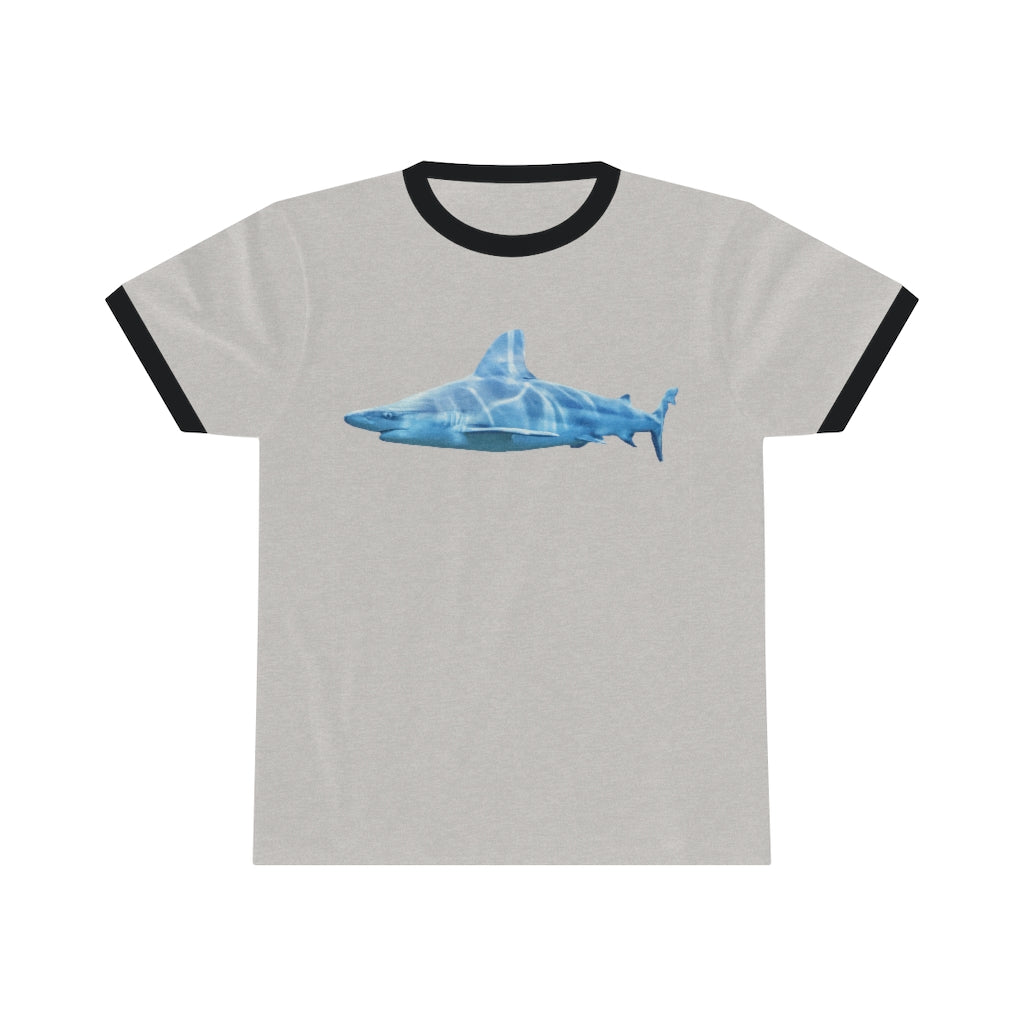 Shark Unisex Ringer Tee in various colors, showcasing its lightweight fabric and stylish design.