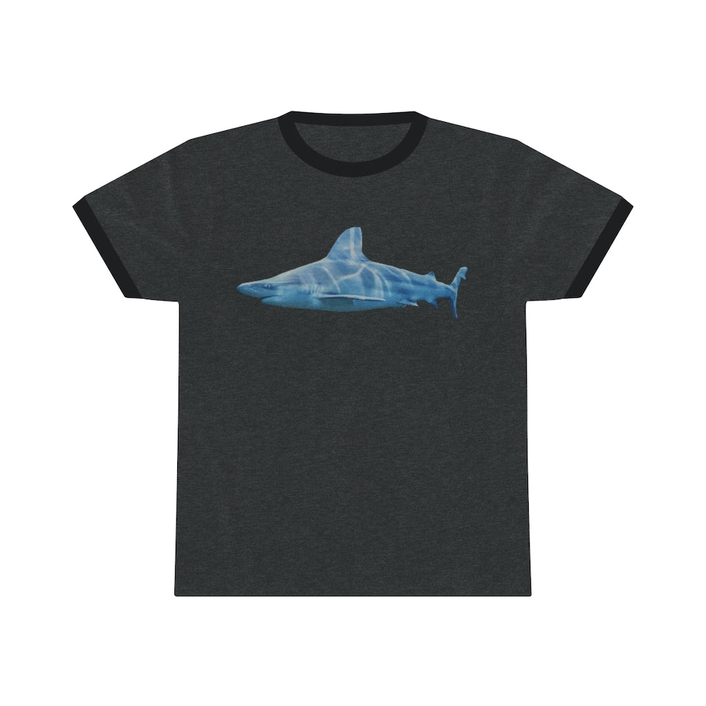 Shark Unisex Ringer Tee in various colors, showcasing its lightweight fabric and stylish design.