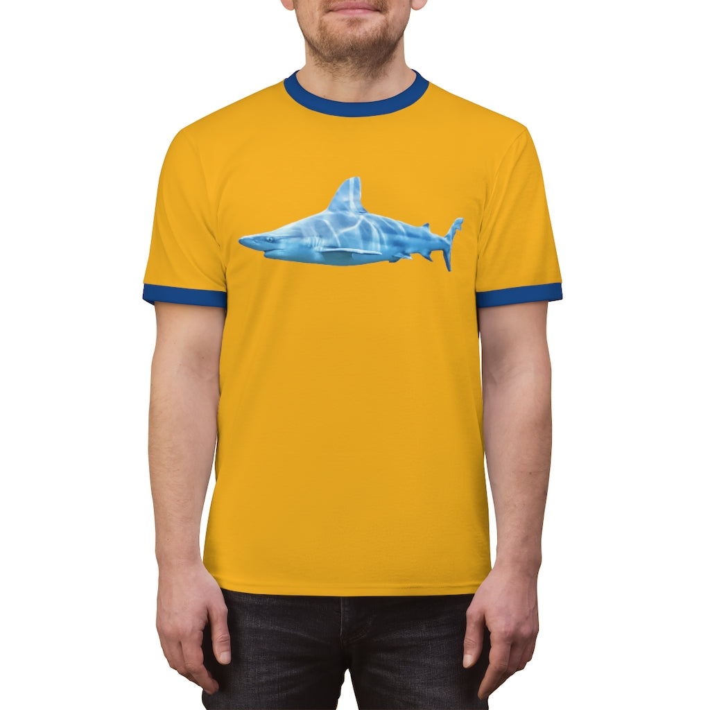 Shark Unisex Ringer Tee in various colors, showcasing its lightweight fabric and stylish design.