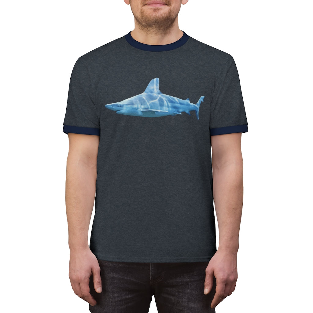 Shark Unisex Ringer Tee in various colors, showcasing its lightweight fabric and stylish design.