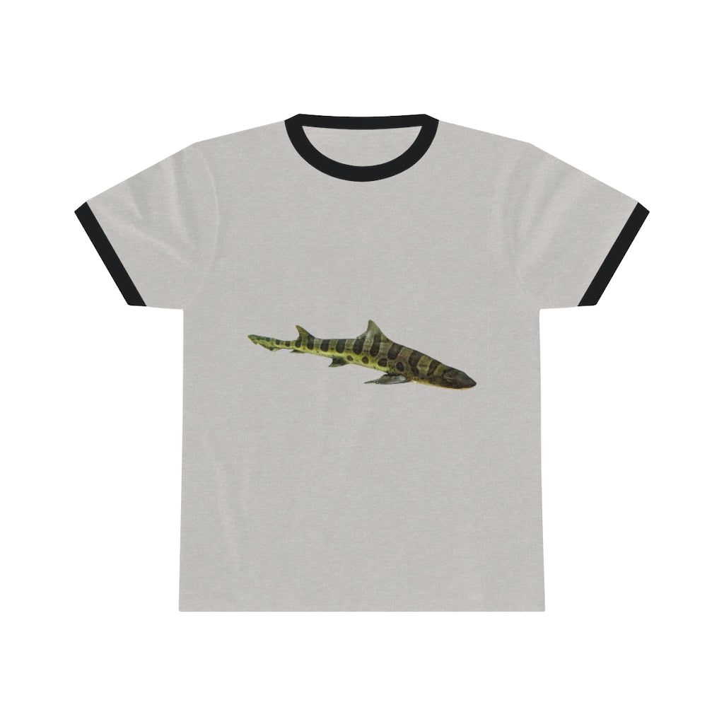 Shark Unisex Ringer Tee showcasing a stylish design with contrasting neckline, available in multiple colors.