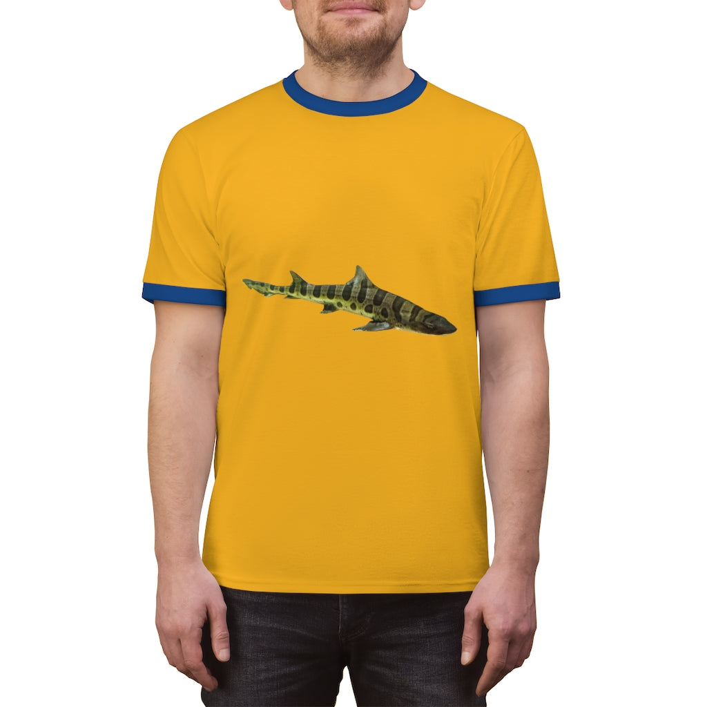 Shark Unisex Ringer Tee showcasing a stylish design with contrasting neckline, available in multiple colors.