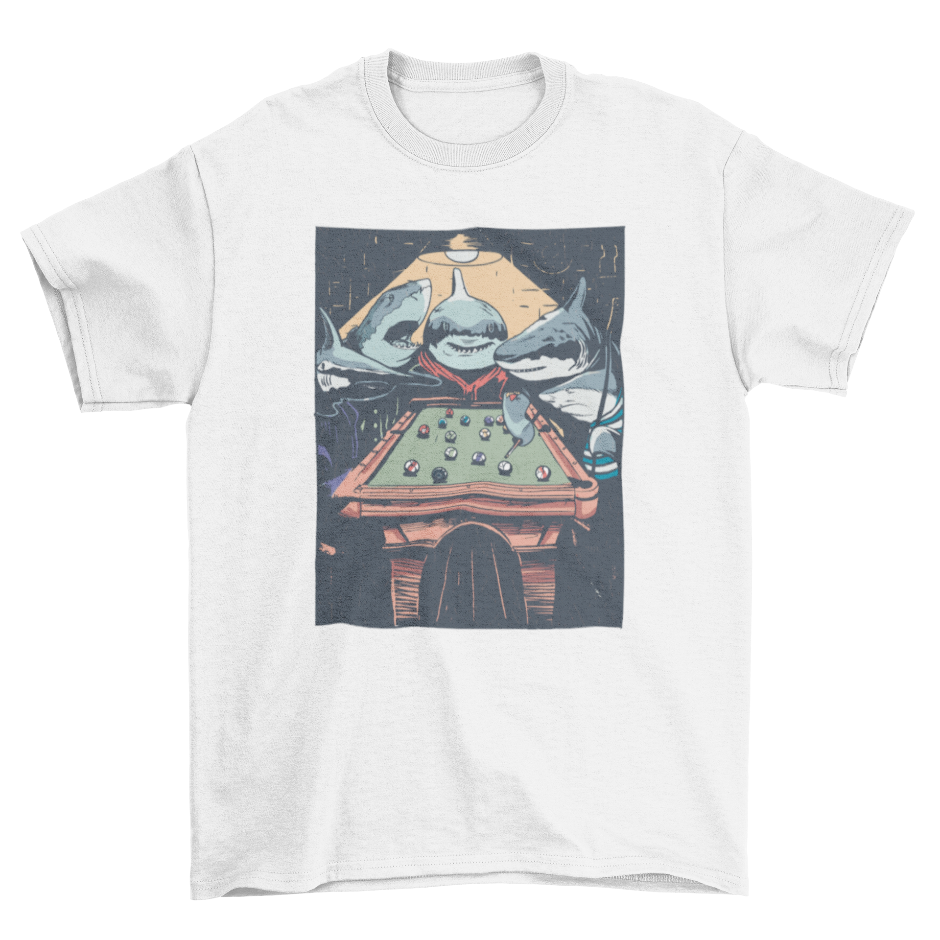 A vibrant t-shirt design featuring playful sharks engaging in a game of pool, showcasing a fun and unique ocean theme.