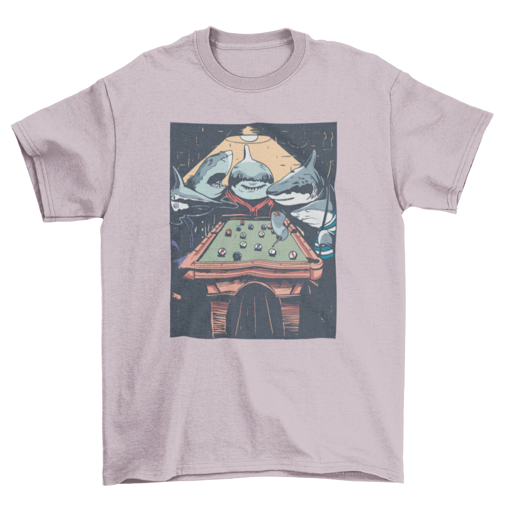 A vibrant t-shirt design featuring playful sharks engaging in a game of pool, showcasing a fun and unique ocean theme.