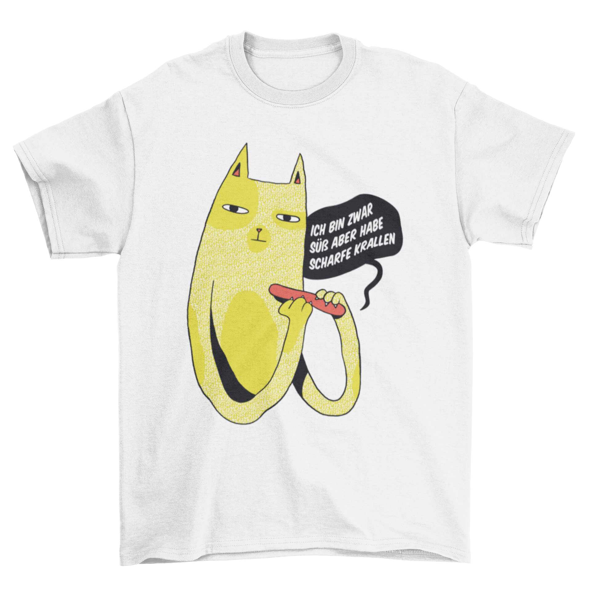 A cute t-shirt featuring a playful cat design and a German quote about sharp claws.