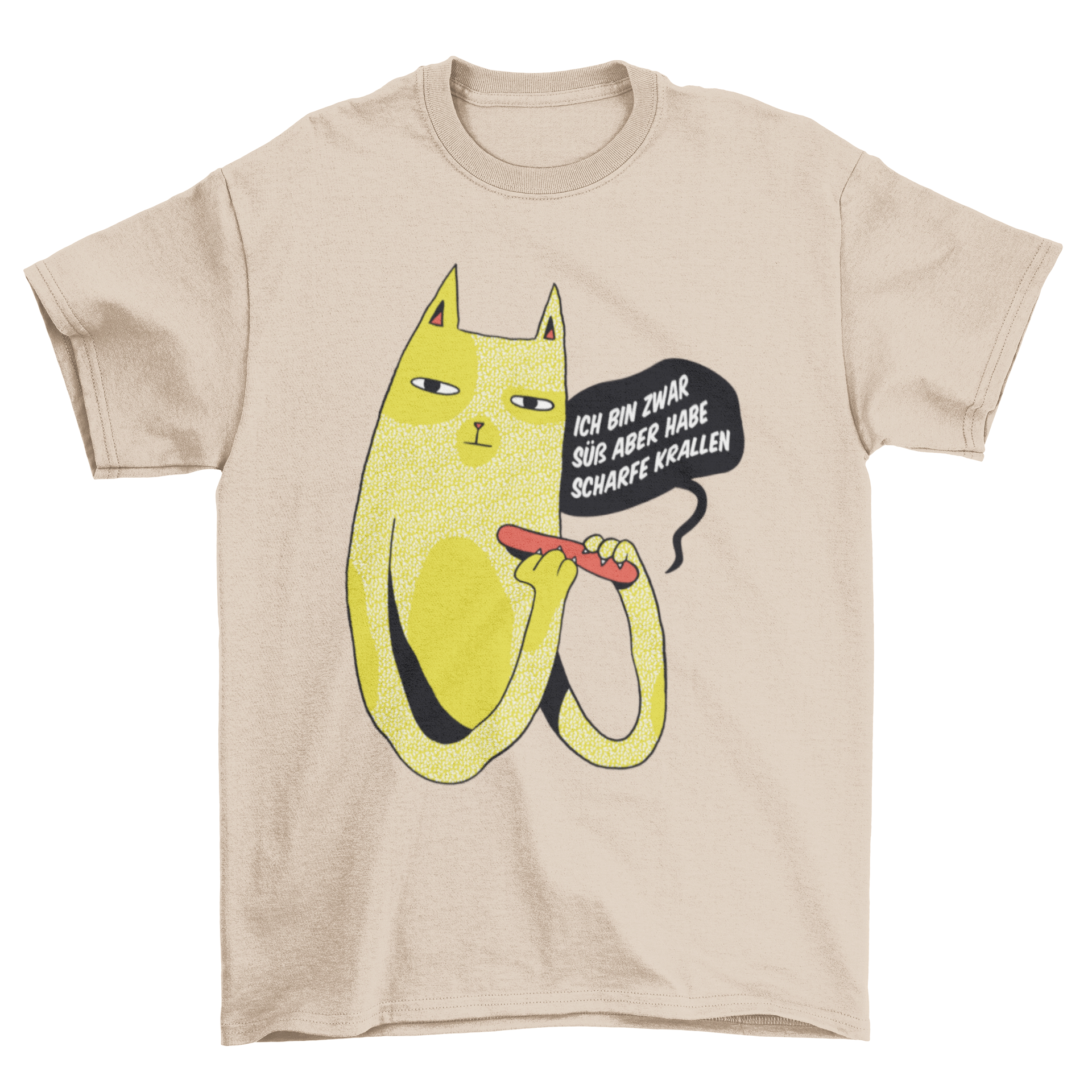 A cute t-shirt featuring a playful cat design and a German quote about sharp claws.