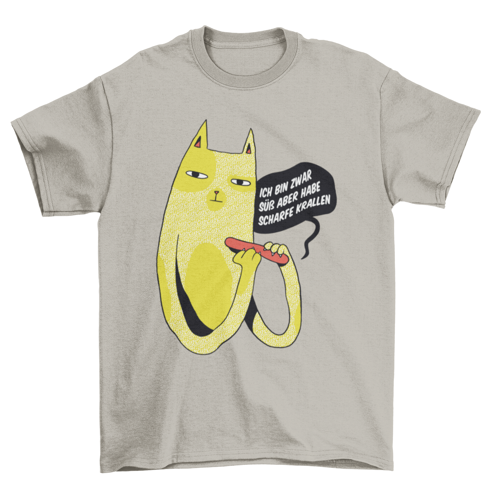 A cute t-shirt featuring a playful cat design and a German quote about sharp claws.