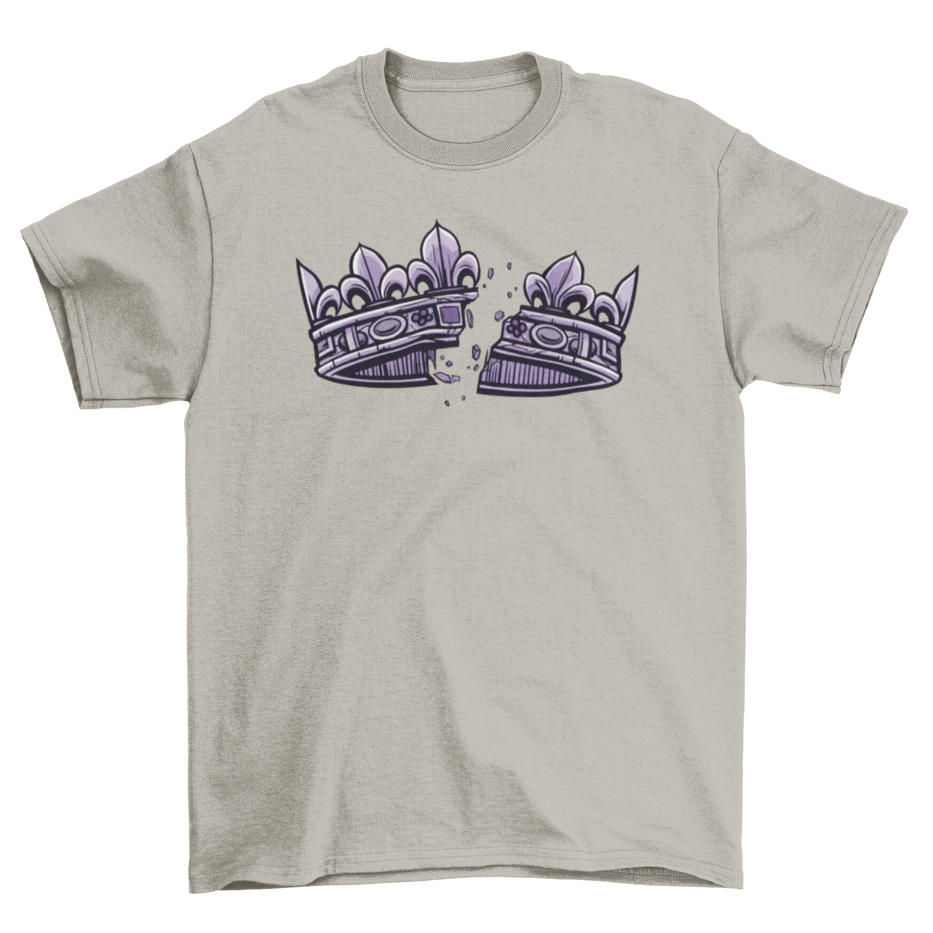 A stylish t-shirt featuring a shattered silver crown design, symbolizing elegance and rebellion.