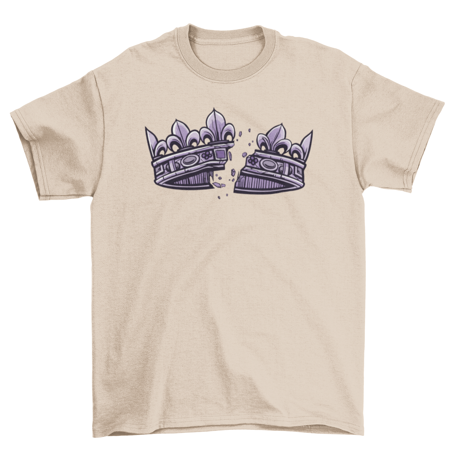 A stylish t-shirt featuring a shattered silver crown design, symbolizing elegance and rebellion.