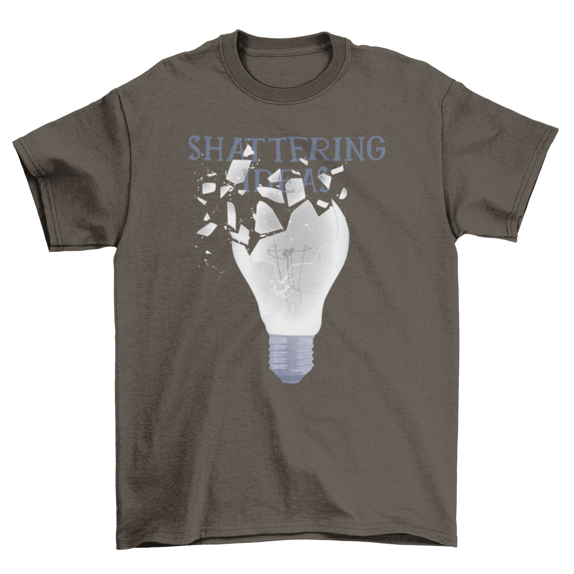 Shattering Ideas T-Shirt featuring a broken light bulb illustration and motivational caption.