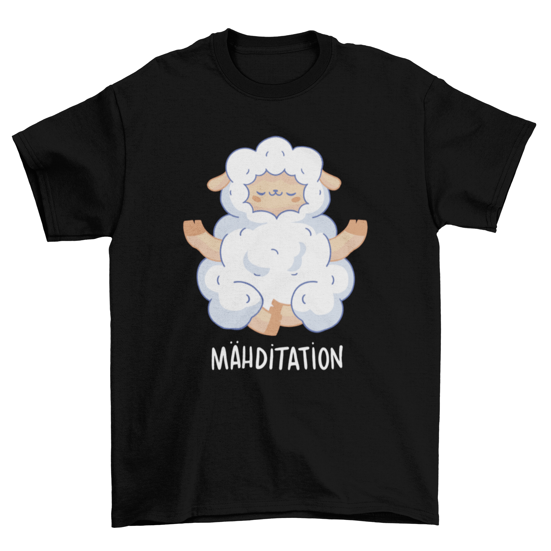 A cute t-shirt featuring a sheep meditating with the caption 'Mahditation', perfect for meditation enthusiasts.