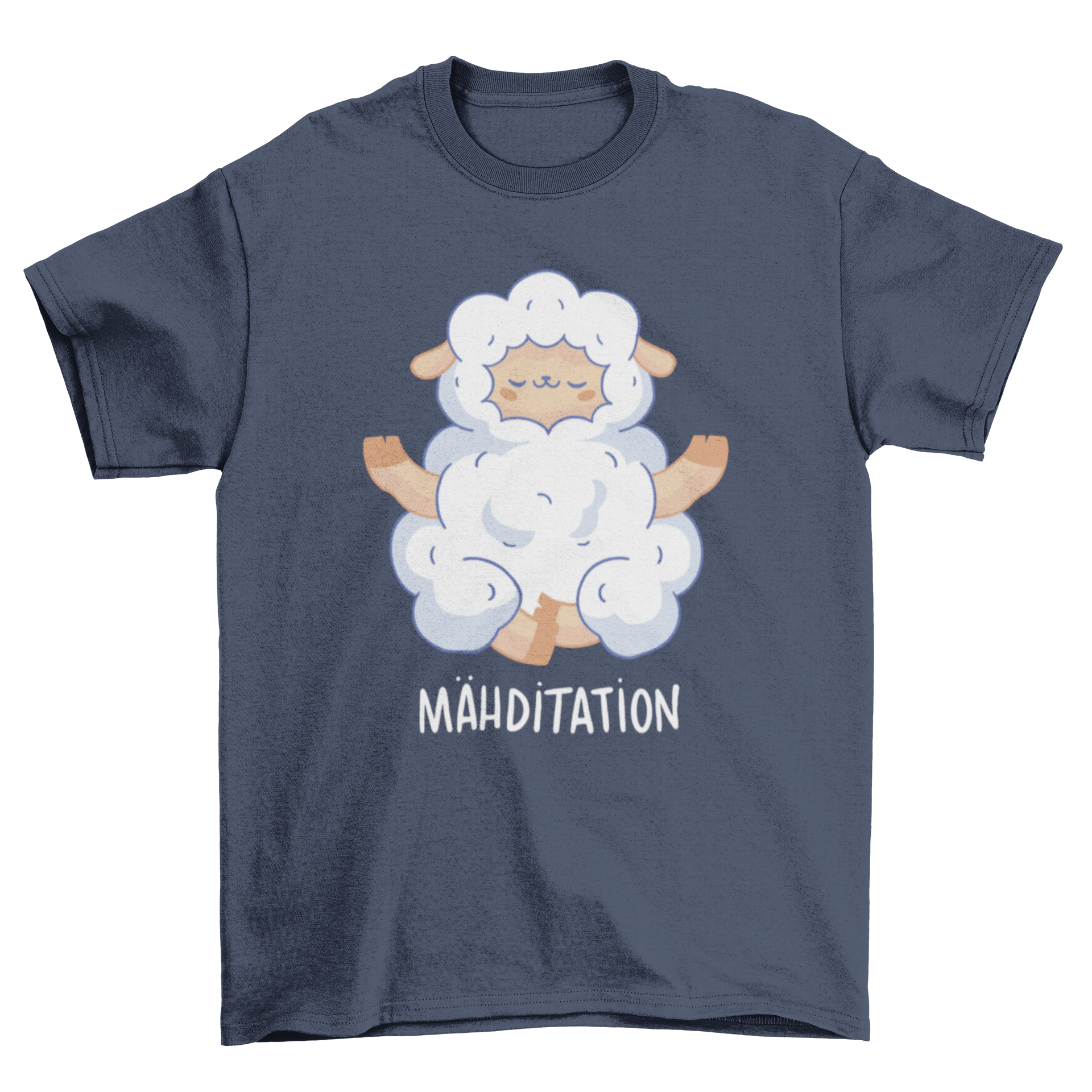 A cute t-shirt featuring a sheep meditating with the caption 'Mahditation', perfect for meditation enthusiasts.