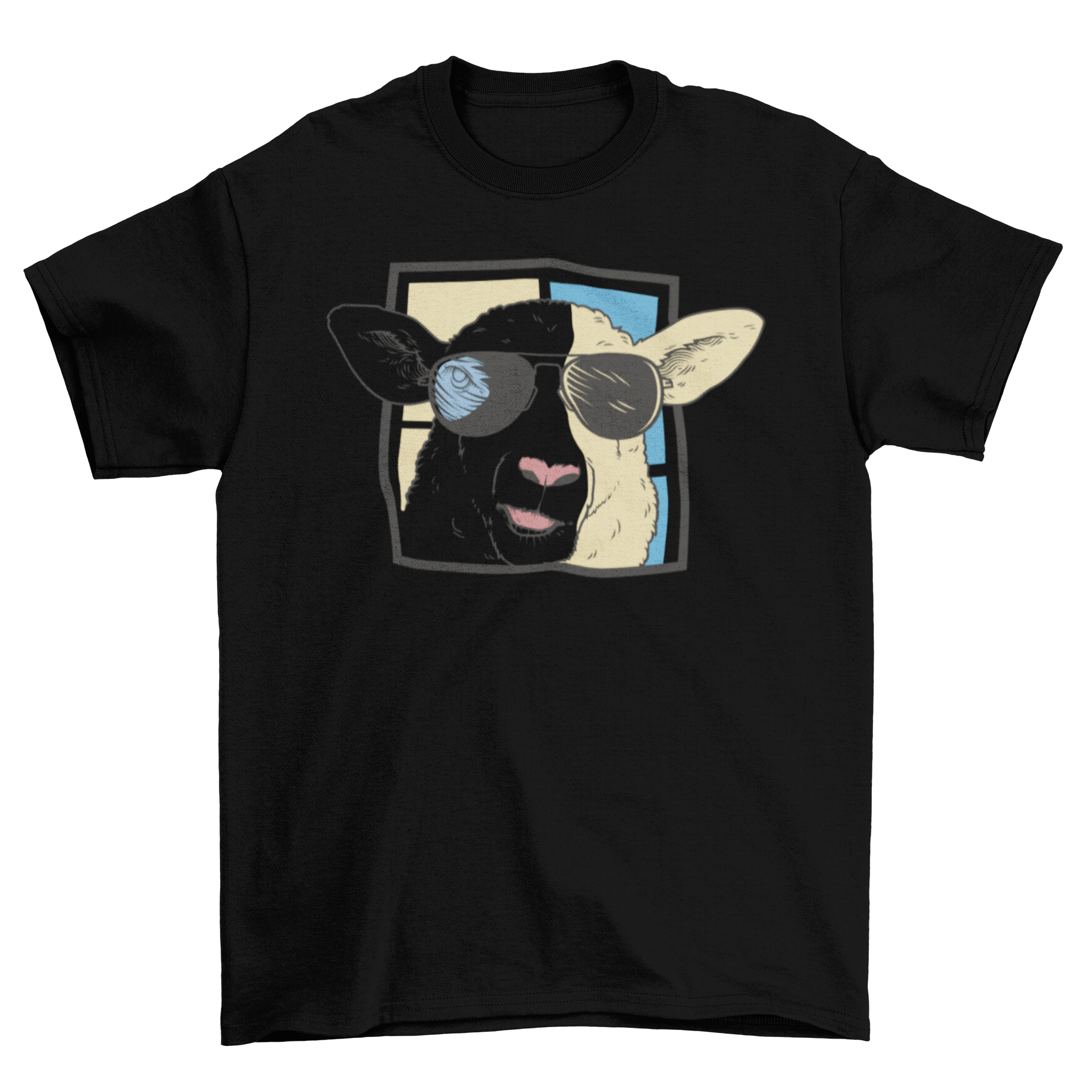 A stylish t-shirt featuring a sheep wearing trendy sunglasses, perfect for casual wear.