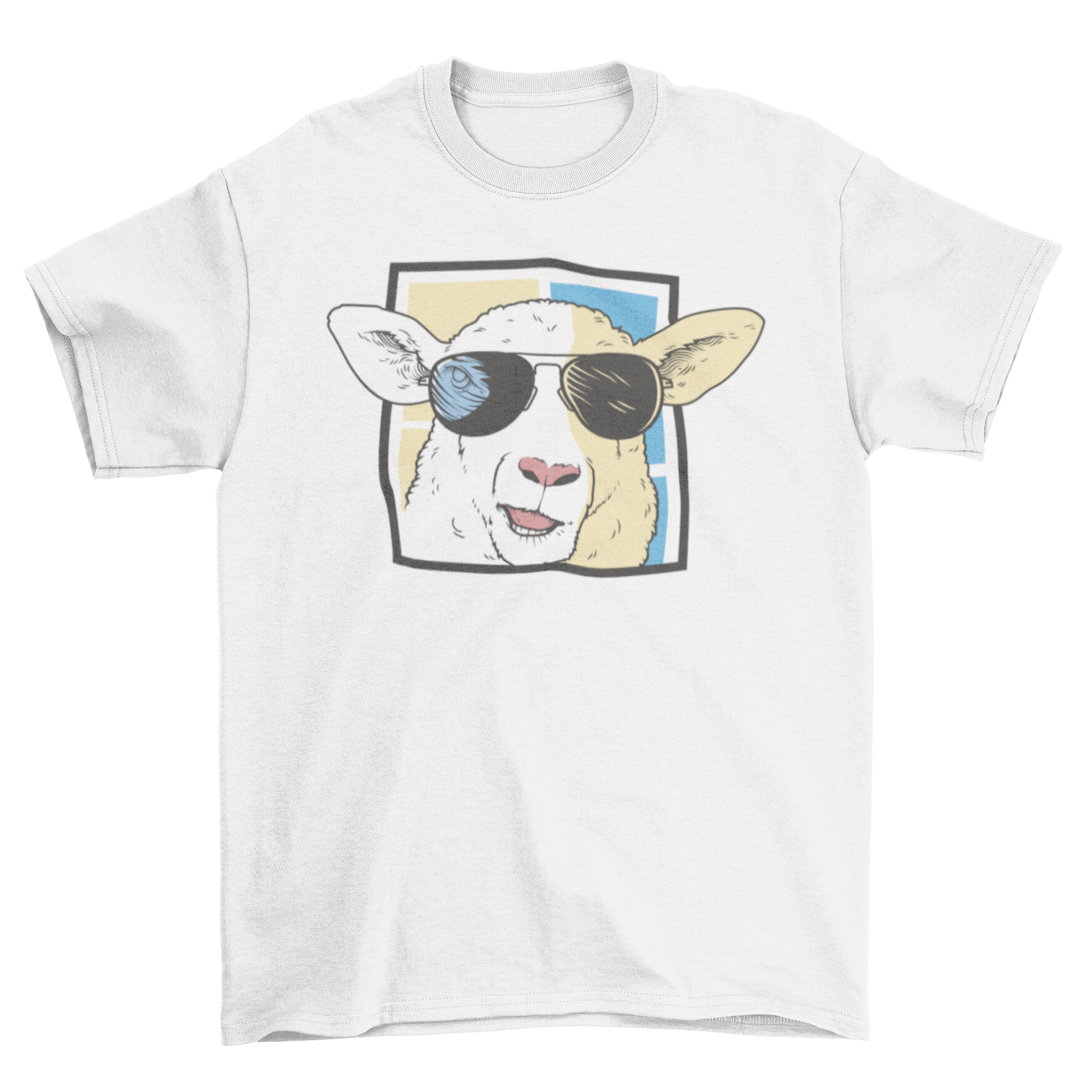 A stylish t-shirt featuring a sheep wearing trendy sunglasses, perfect for casual wear.