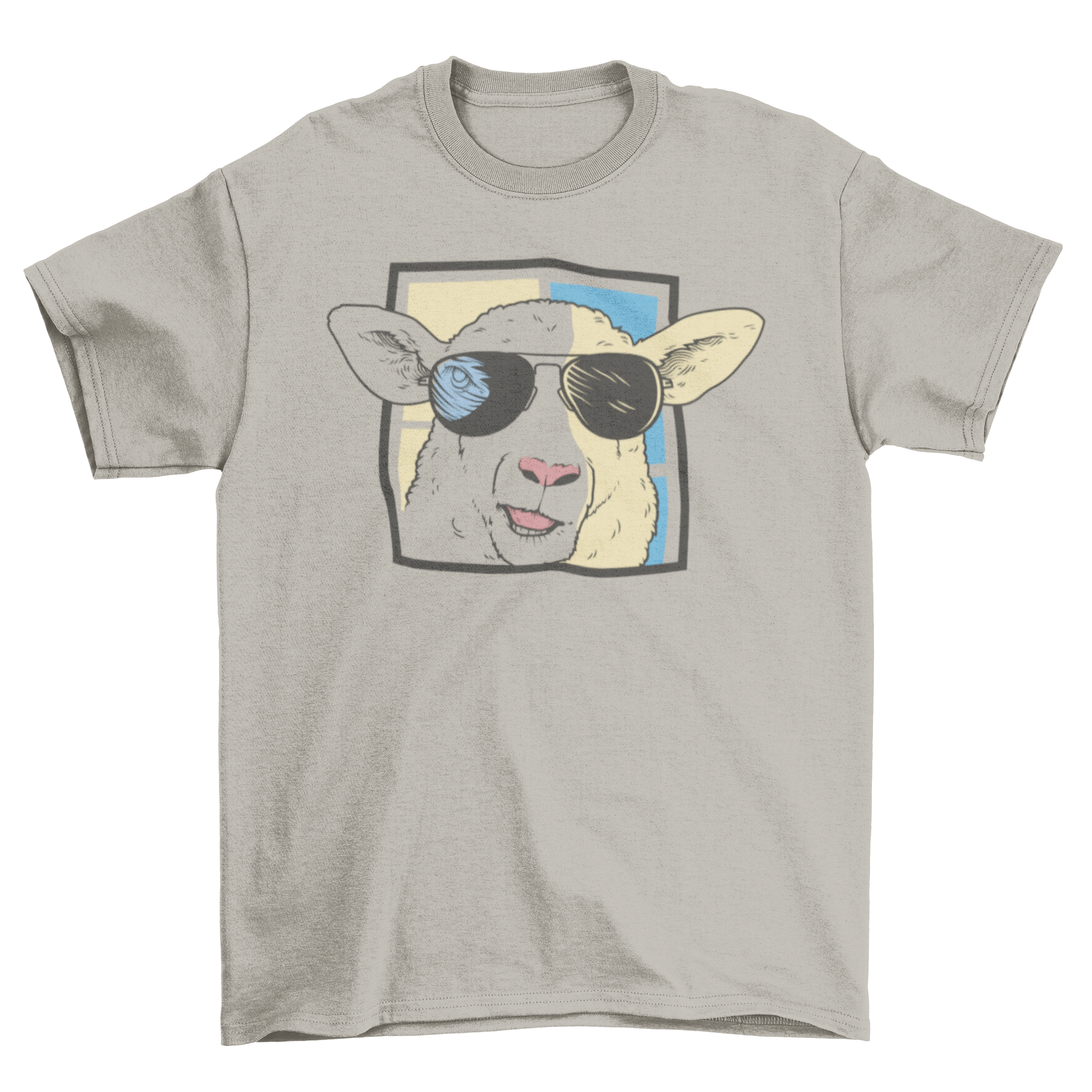 A stylish t-shirt featuring a sheep wearing trendy sunglasses, perfect for casual wear.