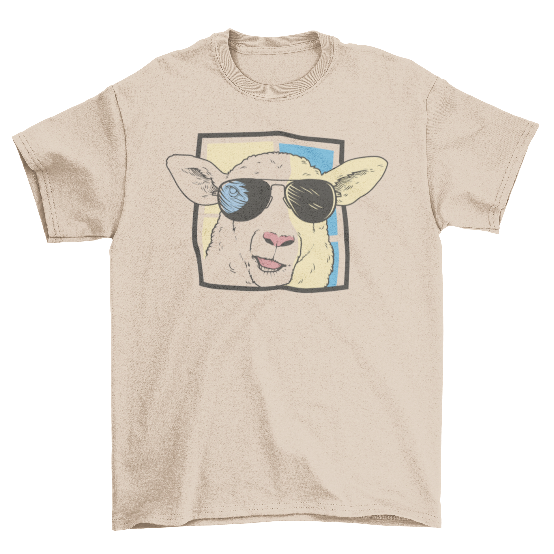 A stylish t-shirt featuring a sheep wearing trendy sunglasses, perfect for casual wear.