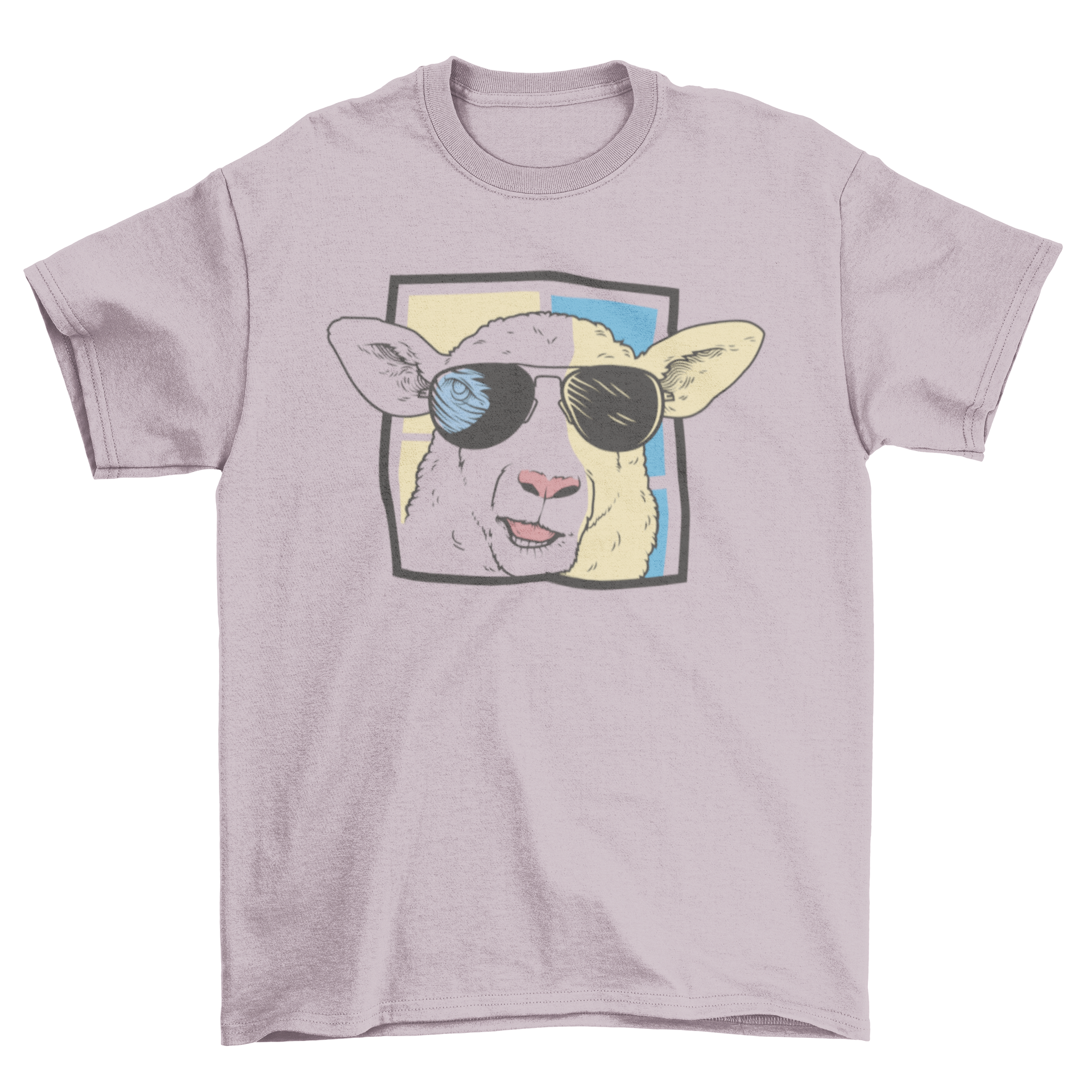 A stylish t-shirt featuring a cartoon sheep wearing trendy sunglasses, perfect for casual wear.