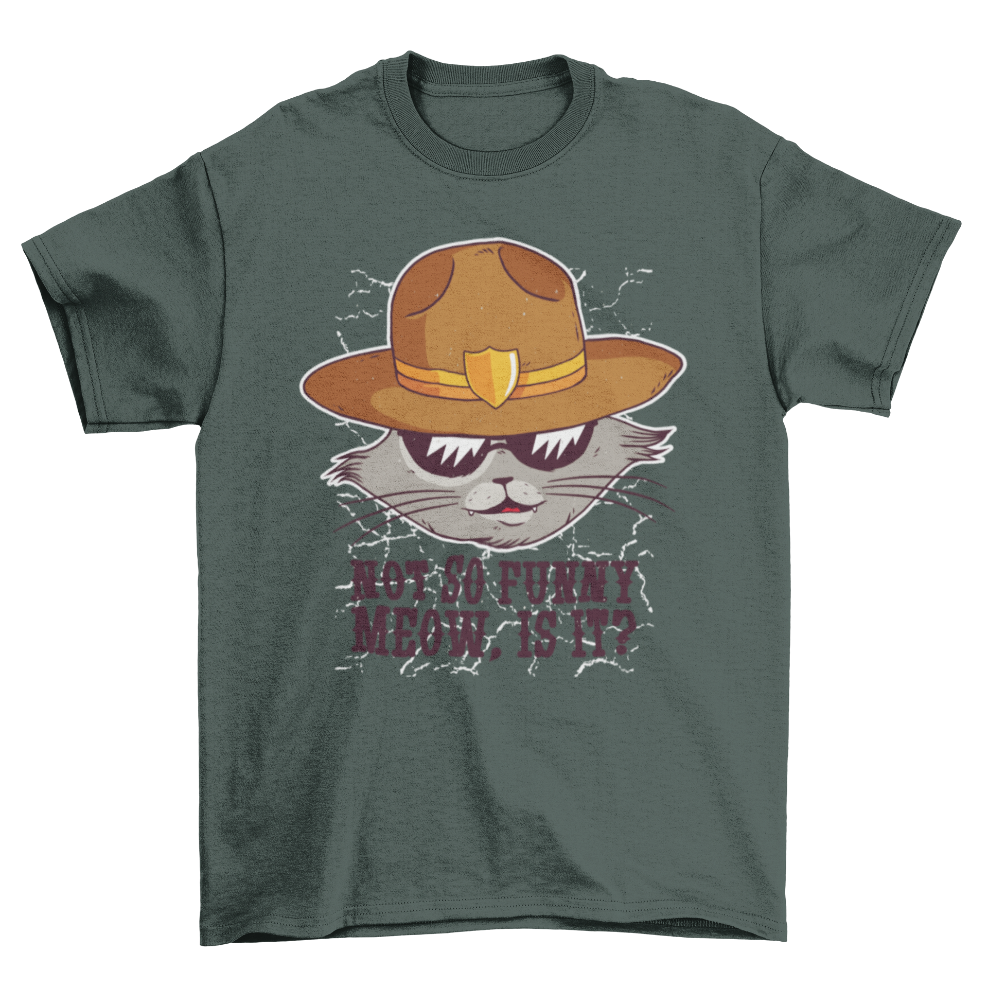 Funny sheriff cat t-shirt featuring a gray cat with sunglasses and a sheriff hat, with a humorous quote.