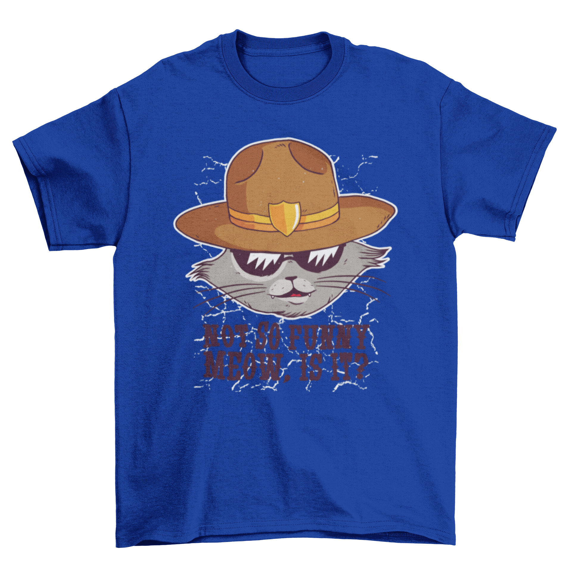 Funny sheriff cat t-shirt featuring a gray cat with sunglasses and a sheriff hat, with a humorous quote.