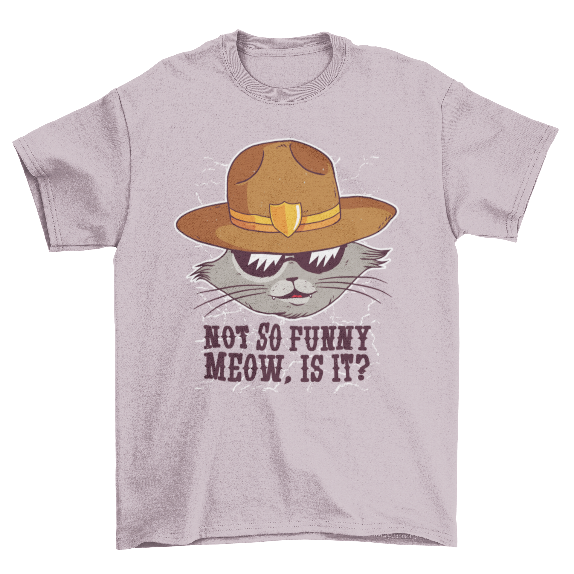 Funny sheriff cat t-shirt featuring a gray cat with sunglasses and a sheriff hat, with a humorous quote.