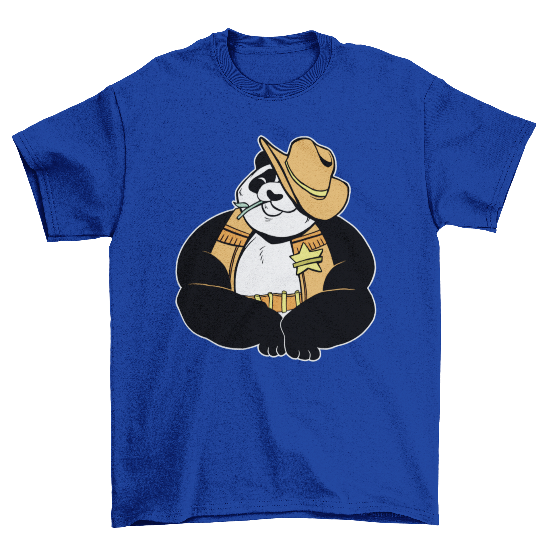 Sheriff Panda T-shirt featuring a panda bear in Wild West attire with a cowboy hat and sheriff badge.