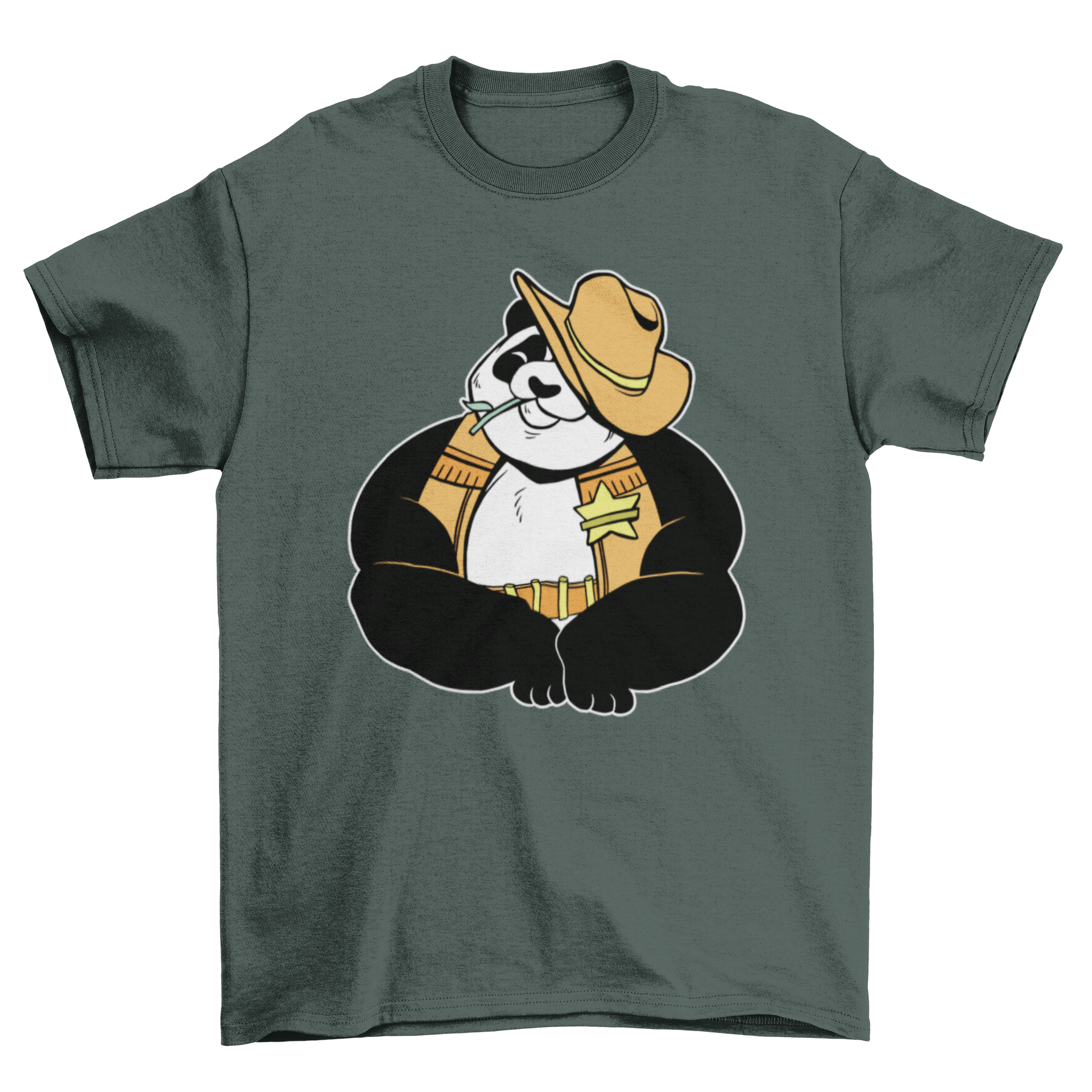 Sheriff Panda T-shirt featuring a panda bear in Wild West attire with a cowboy hat and sheriff badge.