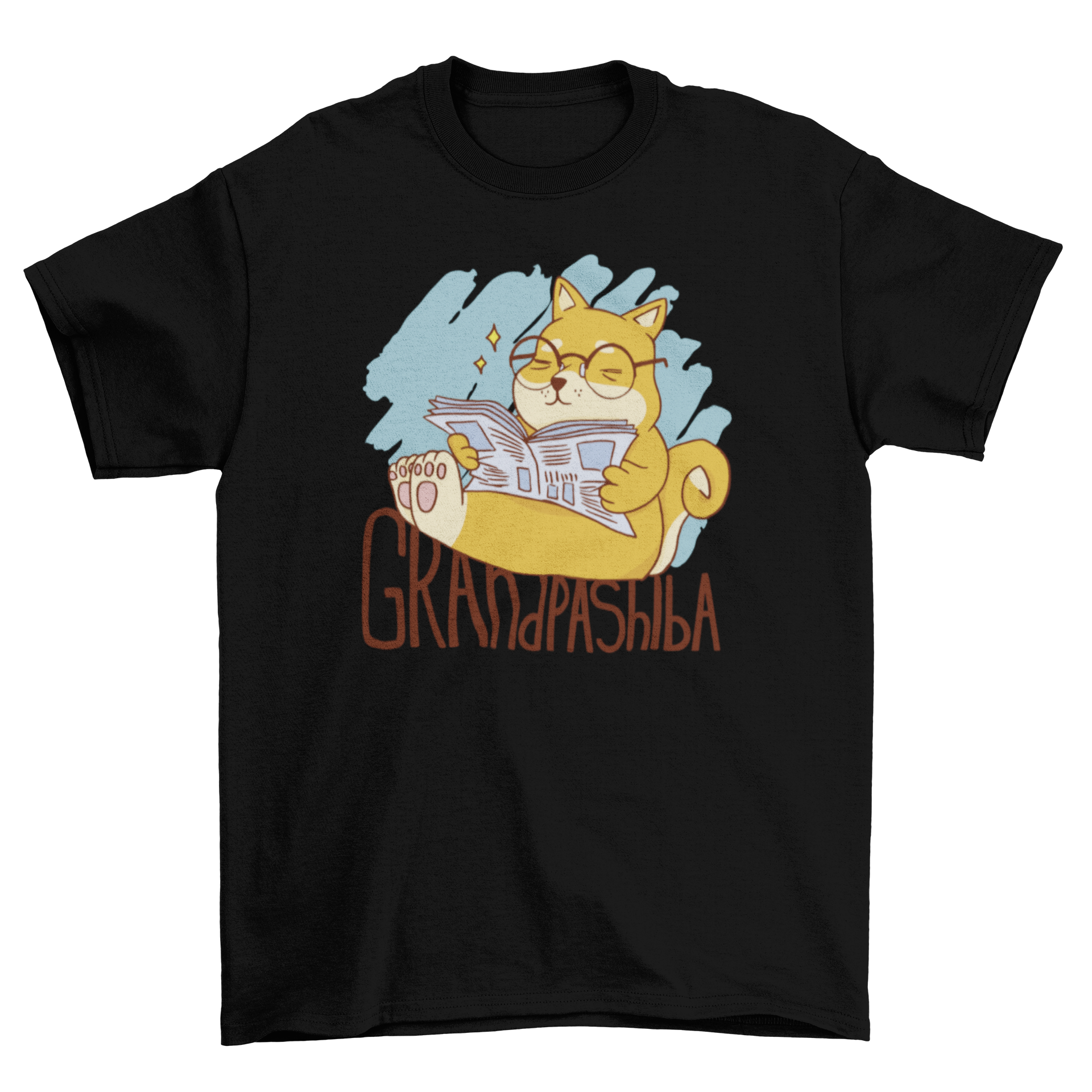 A playful t-shirt featuring a Shiba Inu dog reading a newspaper with the quote 'Grandpashiba', showcasing a fun and whimsical design.