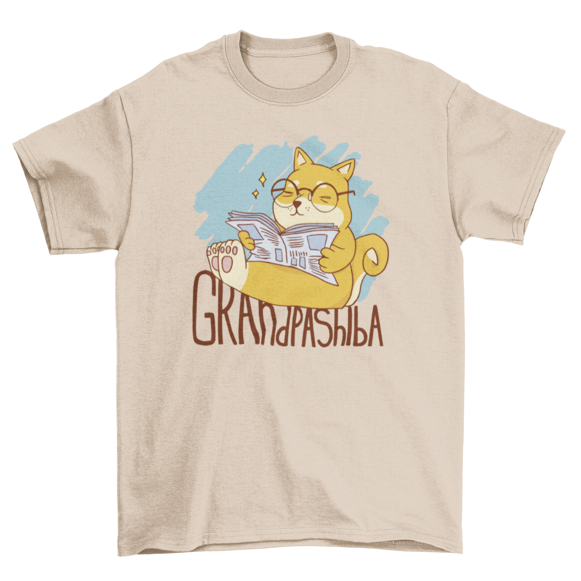 A playful t-shirt featuring a Shiba Inu dog reading a newspaper with the quote 'Grandpashiba', showcasing a fun and whimsical design.