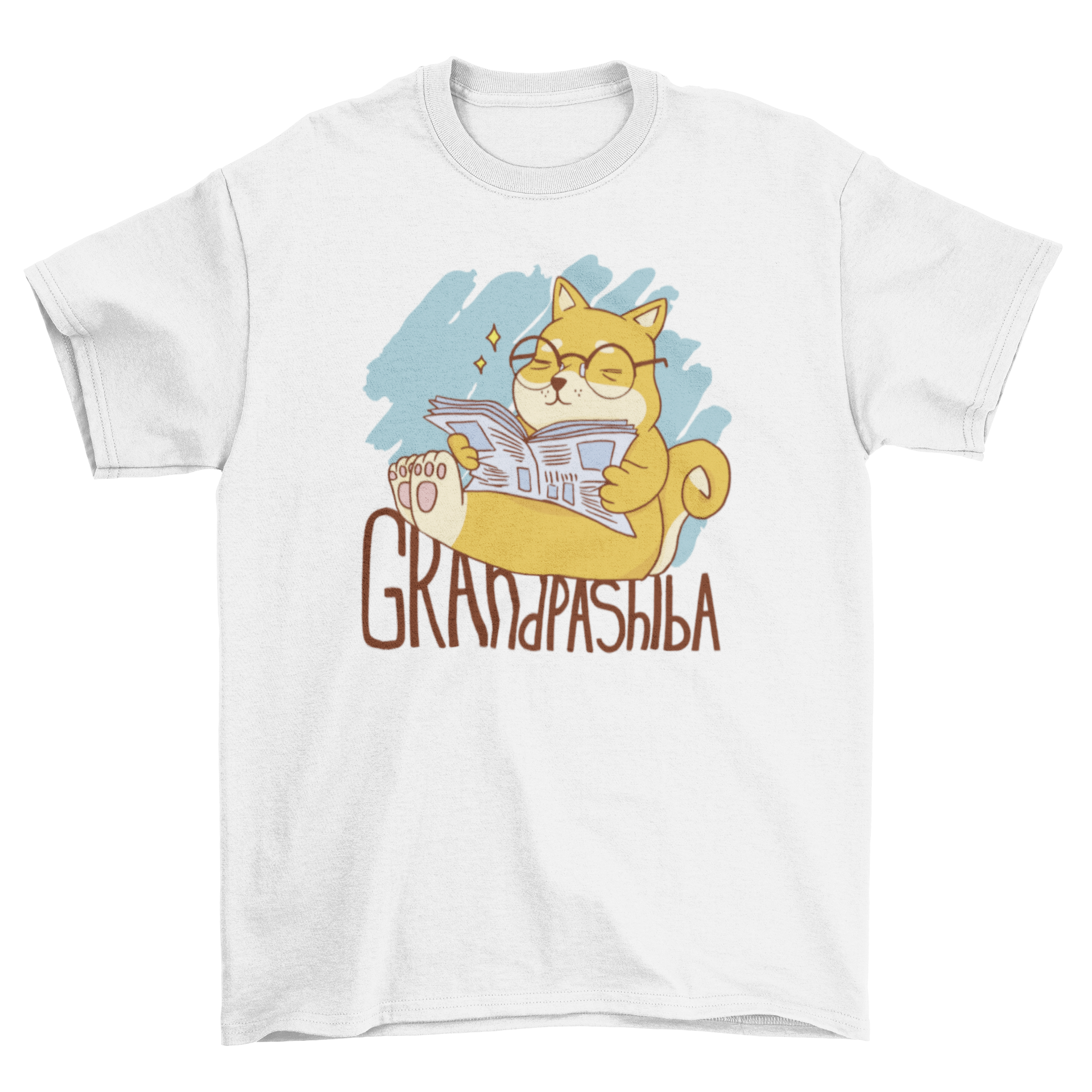 A playful t-shirt featuring a Shiba Inu dog reading a newspaper with the quote 'Grandpashiba', showcasing a fun and whimsical design.