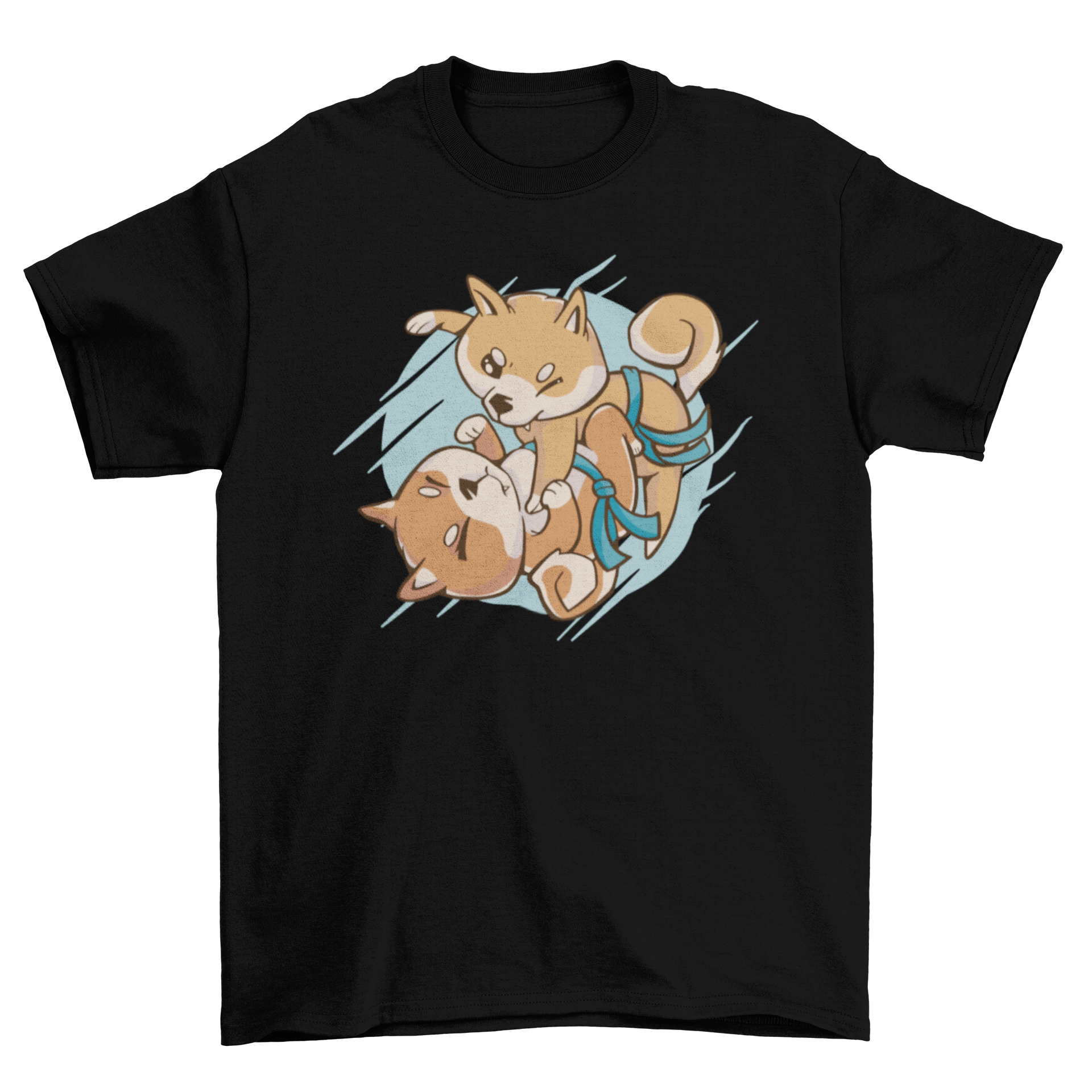 A cool t-shirt featuring two Shiba Inu dogs playfully practicing jiu jitsu.