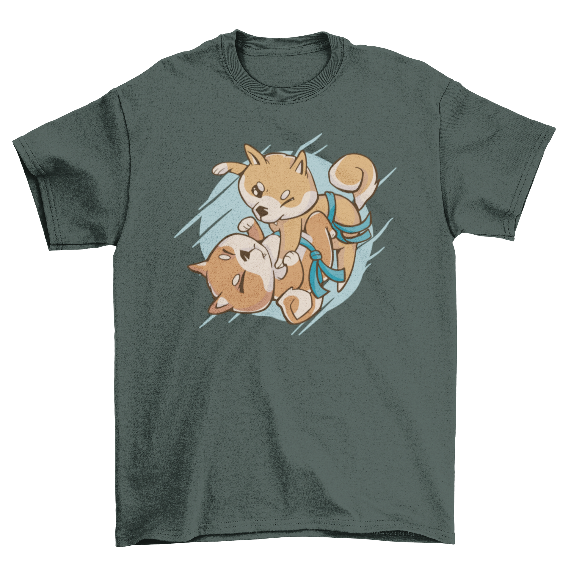 A cool t-shirt featuring two Shiba Inu dogs playfully practicing jiu jitsu.