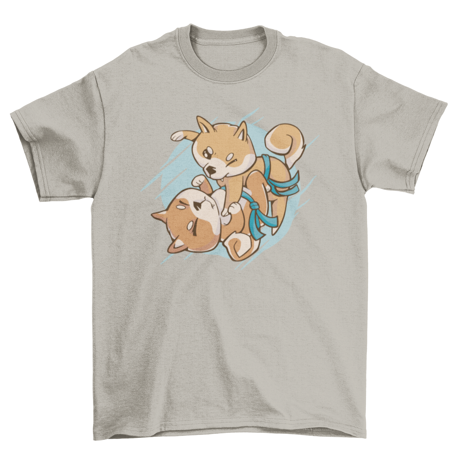 A cool t-shirt featuring two Shiba Inu dogs playfully practicing jiu jitsu.