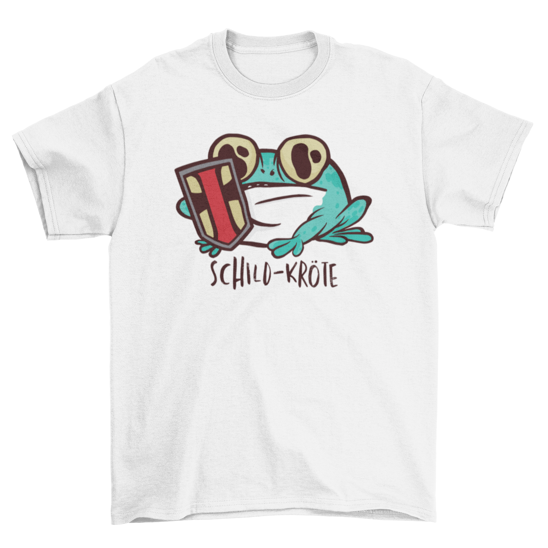 A humorous T-shirt featuring a funny toad illustration holding a shield with German text SCHILD-KRÄTE.