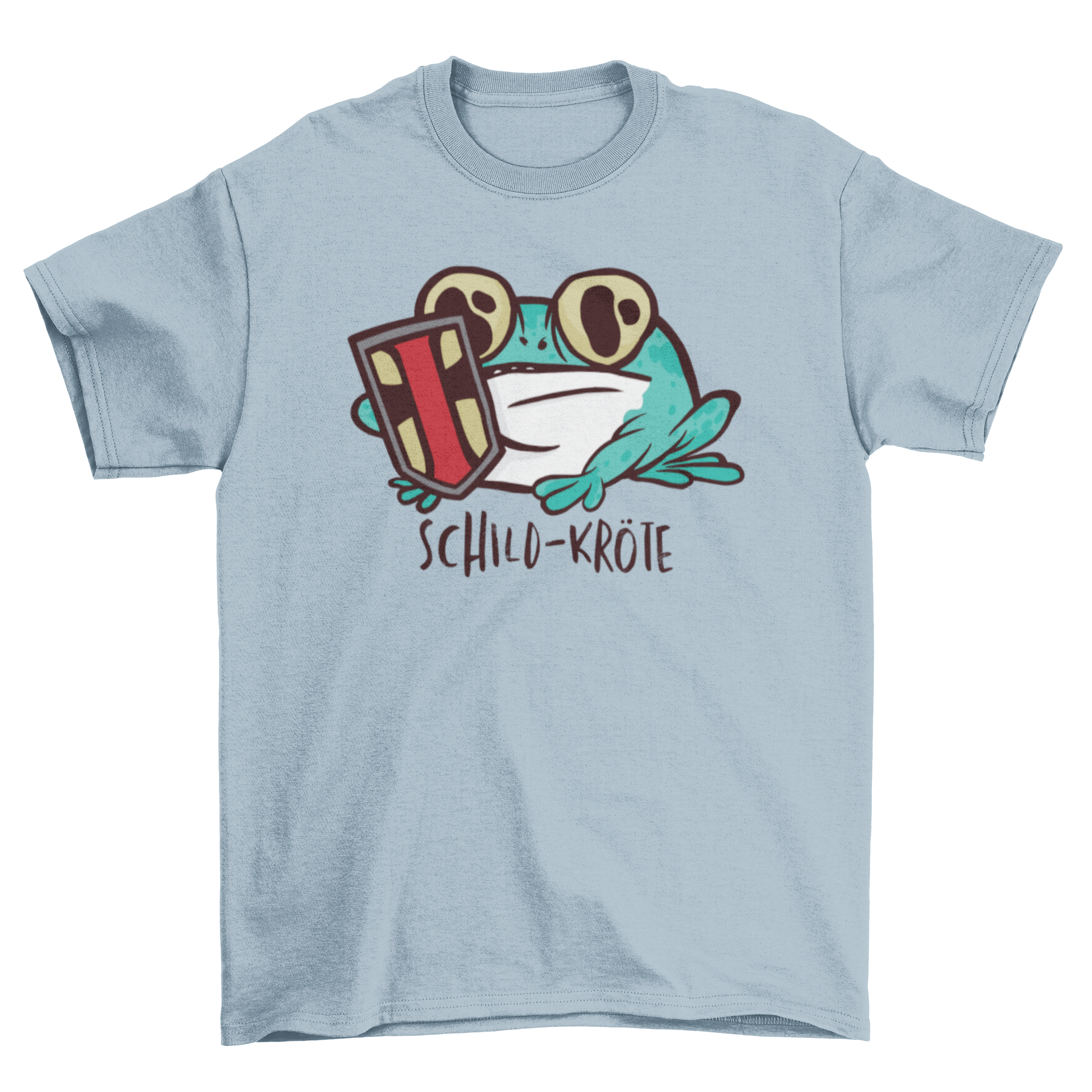 A humorous T-shirt featuring a funny toad illustration holding a shield with German text SCHILD-KRÄTE.