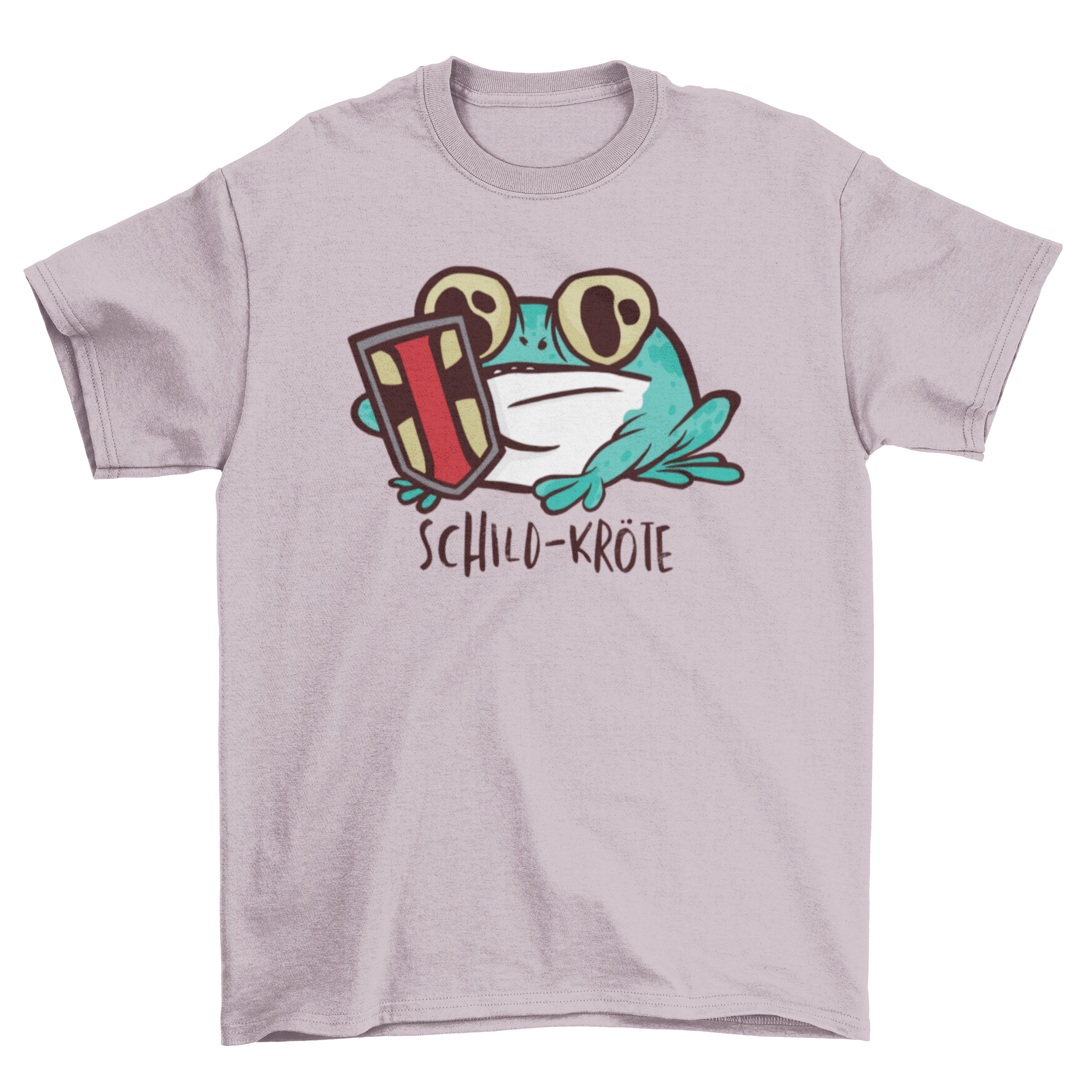 A humorous T-shirt featuring a funny toad illustration holding a shield with German text SCHILD-KRÄTE.