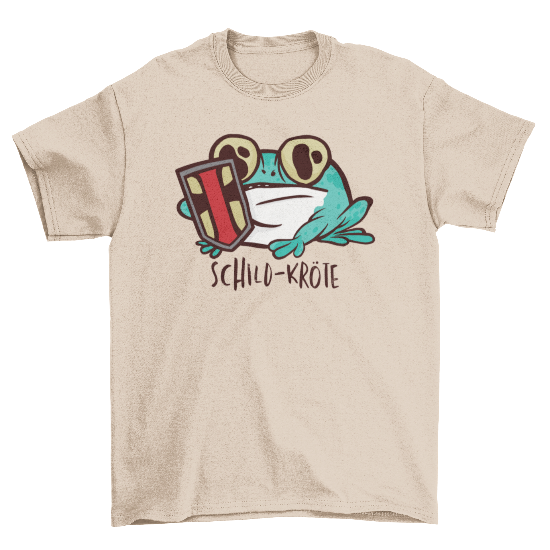 A humorous T-shirt featuring a funny toad illustration holding a shield with German text SCHILD-KRÄTE.