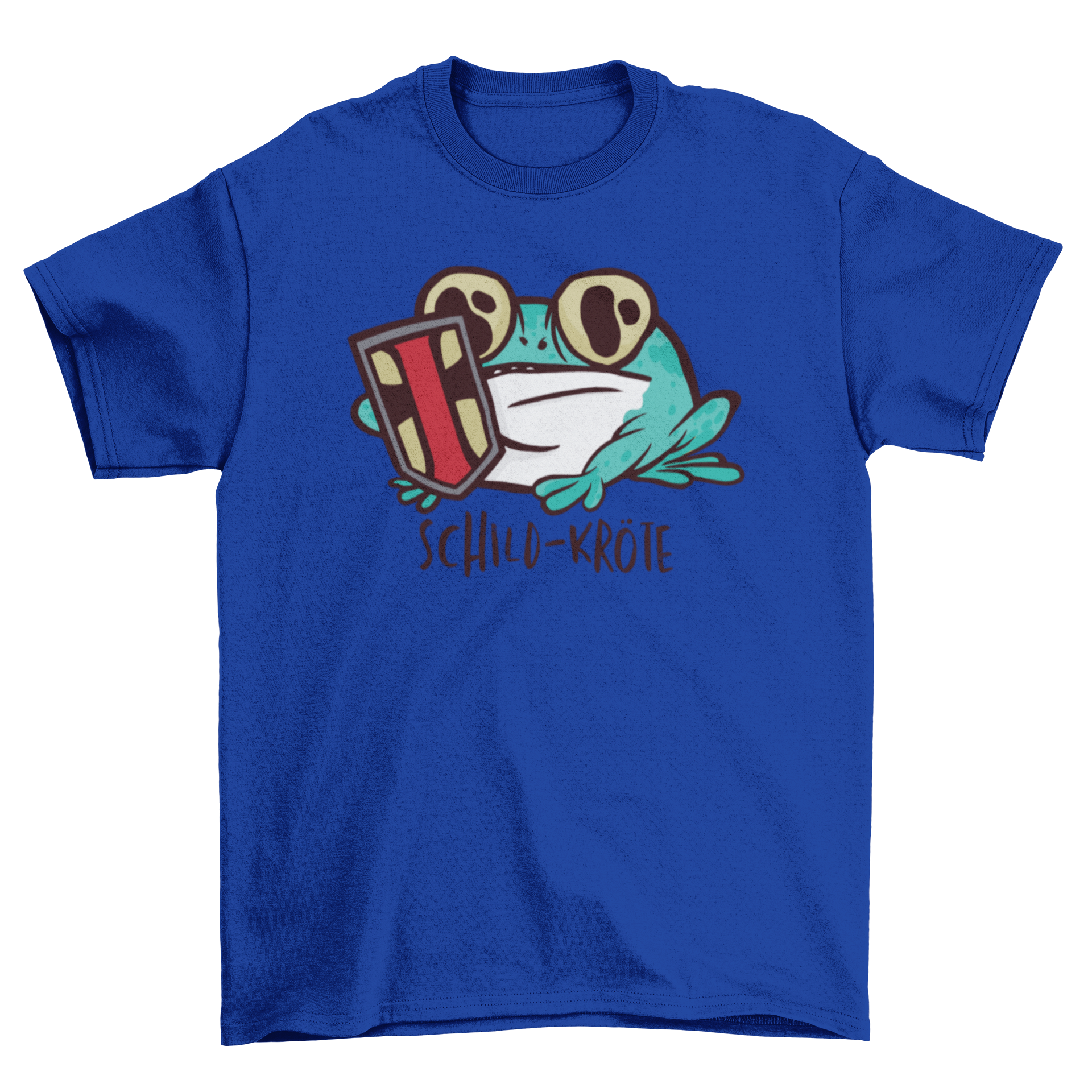 A humorous T-shirt featuring a funny toad illustration holding a shield with German text SCHILD-KRÄTE.