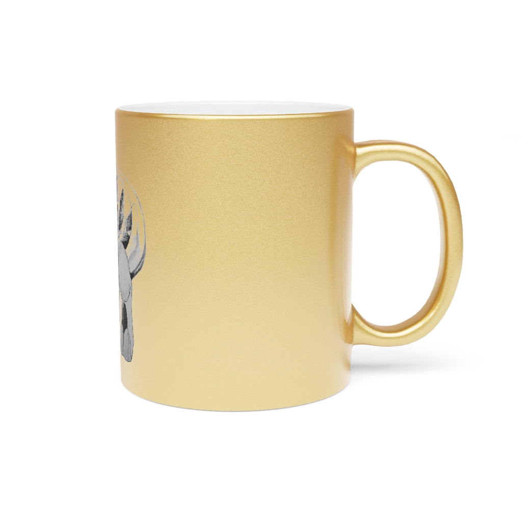 Shimeru Metallic Mug in Silver and Gold with customizable design options, showcasing a C-handle and shiny finish.