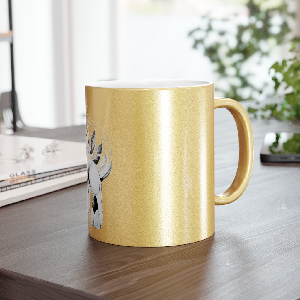 Shimeru Metallic Mug in Silver and Gold with customizable design options, showcasing a C-handle and shiny finish.