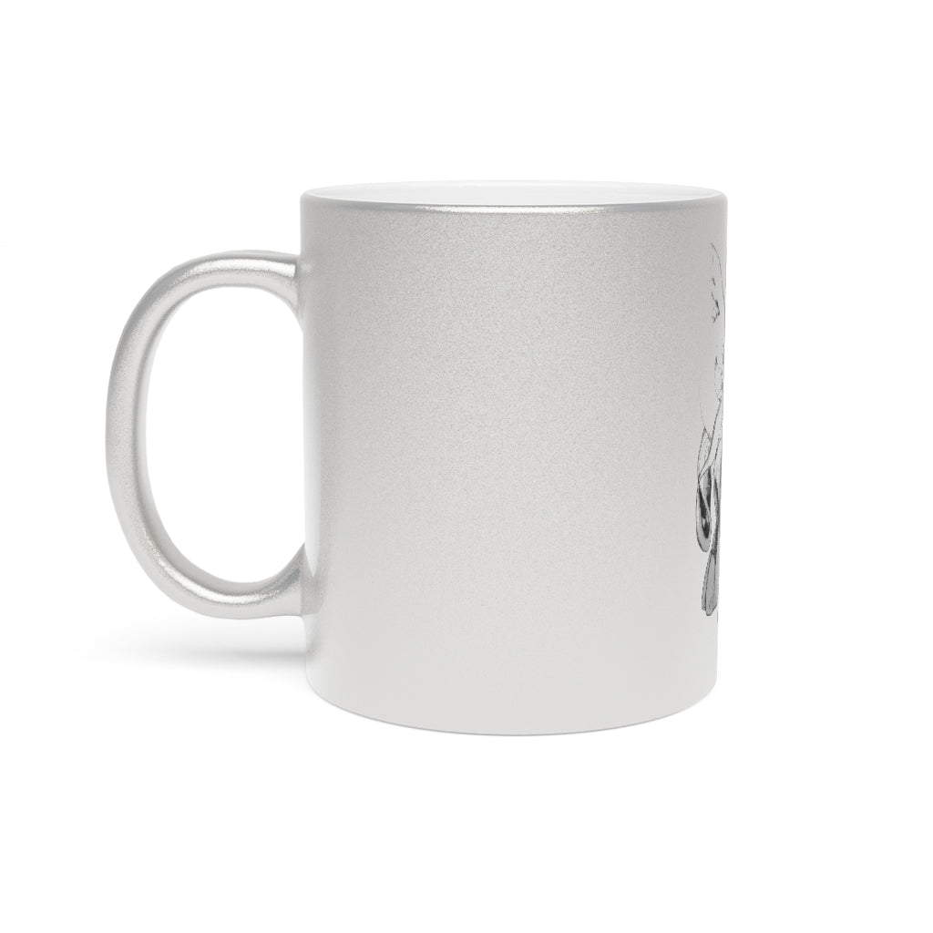 Shimeru Metallic Mug in Silver and Gold with customizable design options, showcasing a C-handle and shiny finish.