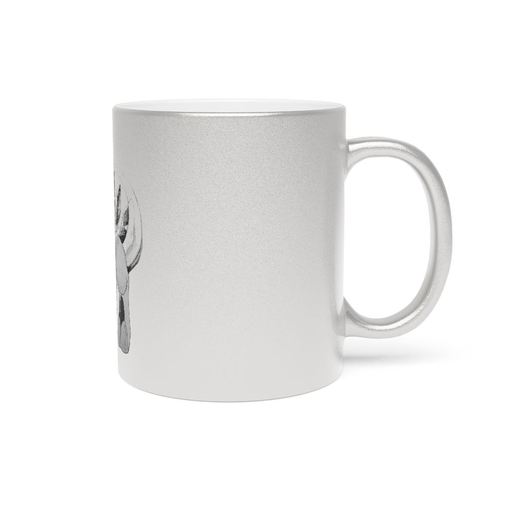 Shimeru Metallic Mug in Silver and Gold with customizable design options, showcasing a C-handle and shiny finish.