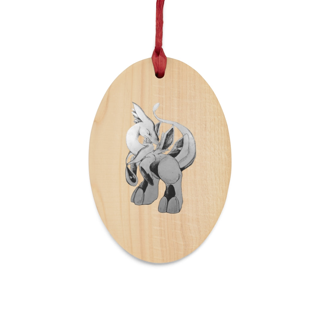 Shimeru Wooden Christmas Ornaments in various whimsical shapes, featuring a rustic wood finish and red ribbons for hanging.