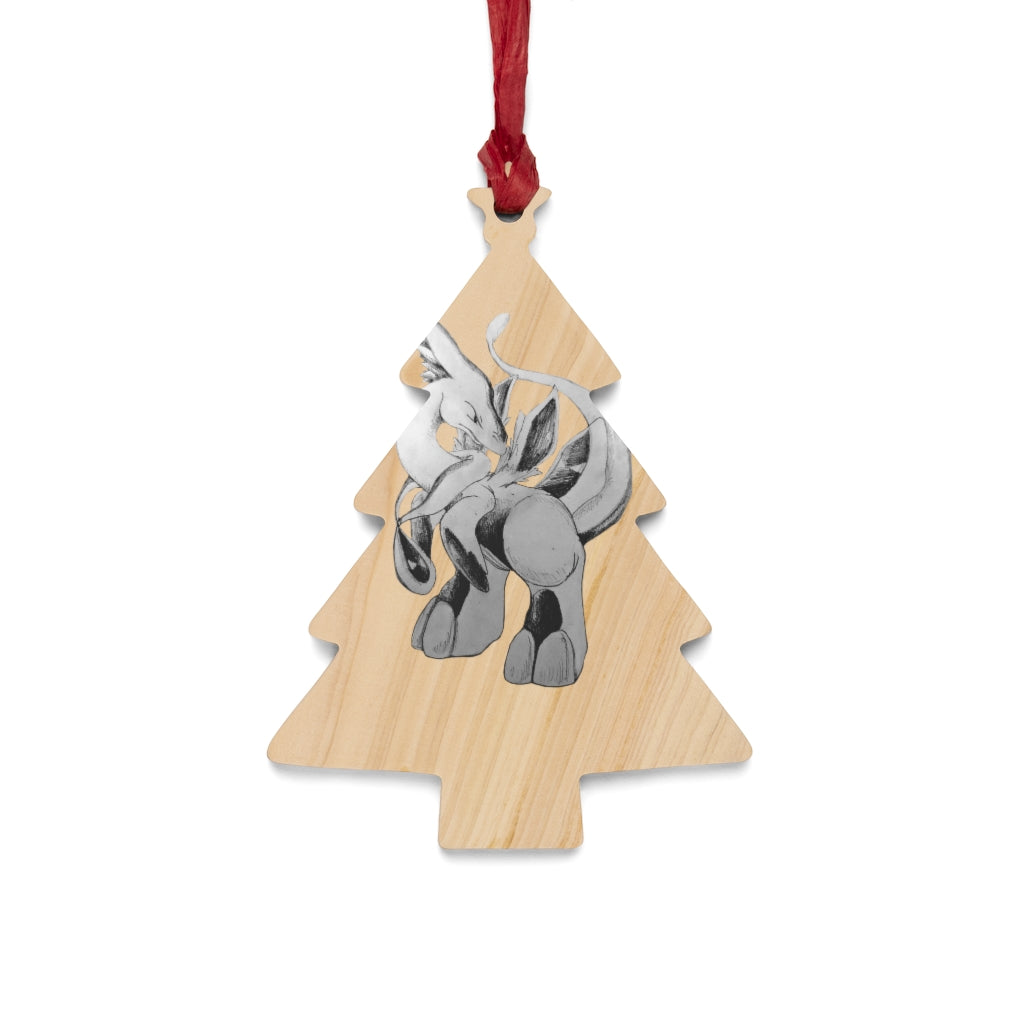 Shimeru Wooden Christmas Ornaments in various whimsical shapes, featuring a rustic wood finish and red ribbons for hanging.