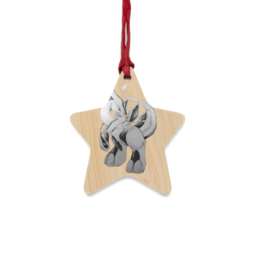 Shimeru Wooden Christmas Ornaments in various whimsical shapes, featuring a rustic wood finish and red ribbons for hanging.