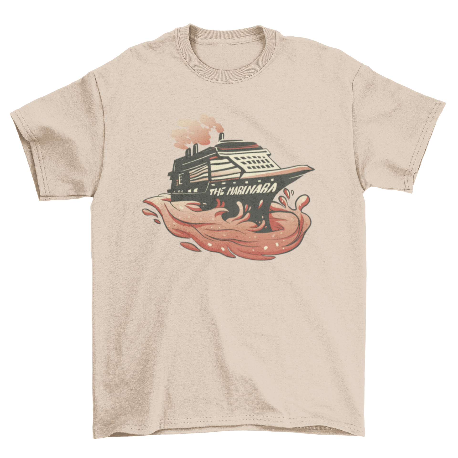 A playful t-shirt featuring a cruise ship sailing on a vibrant sea of marinara sauce, showcasing a unique and fun design.