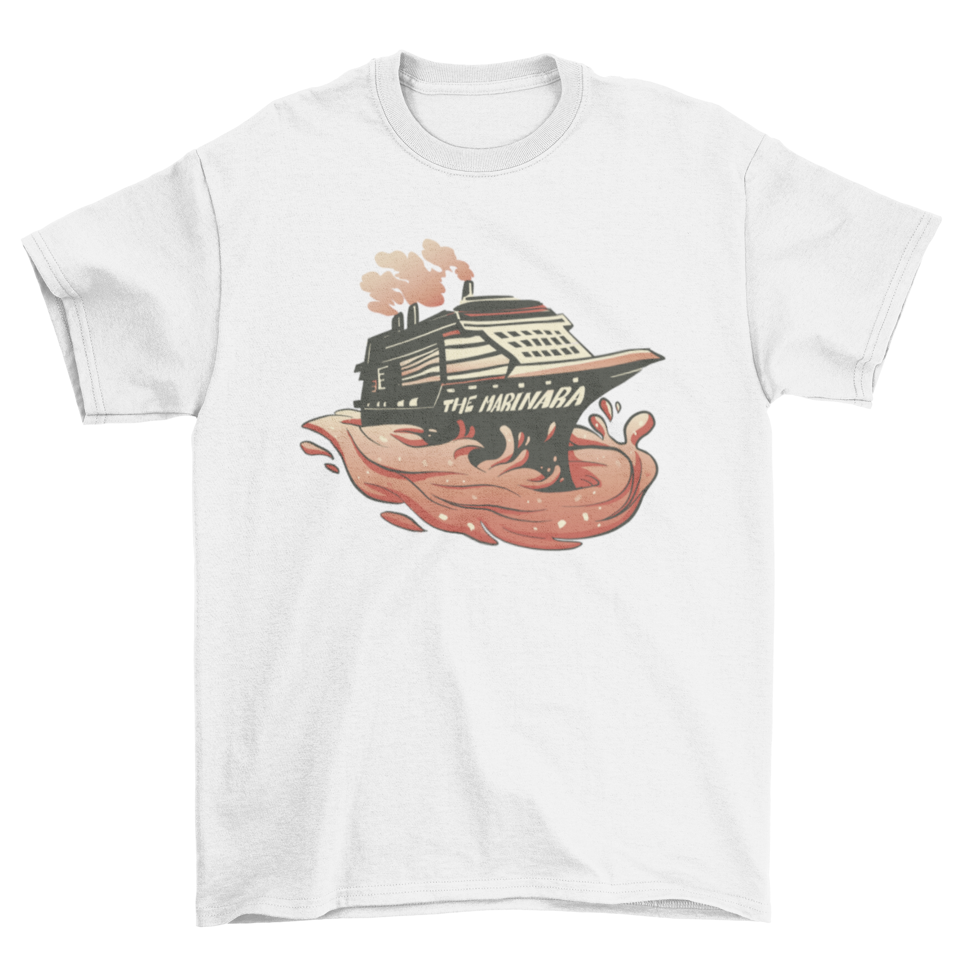 A playful t-shirt featuring a cruise ship sailing on a vibrant sea of marinara sauce, showcasing a unique and fun design.