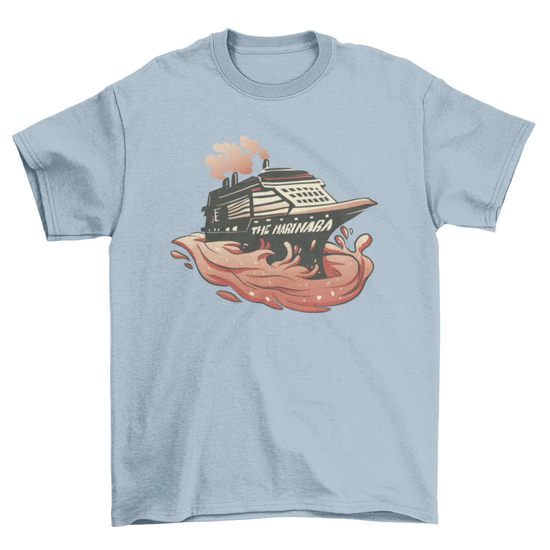 A playful t-shirt featuring a cruise ship sailing on a vibrant sea of marinara sauce, showcasing a unique and fun design.