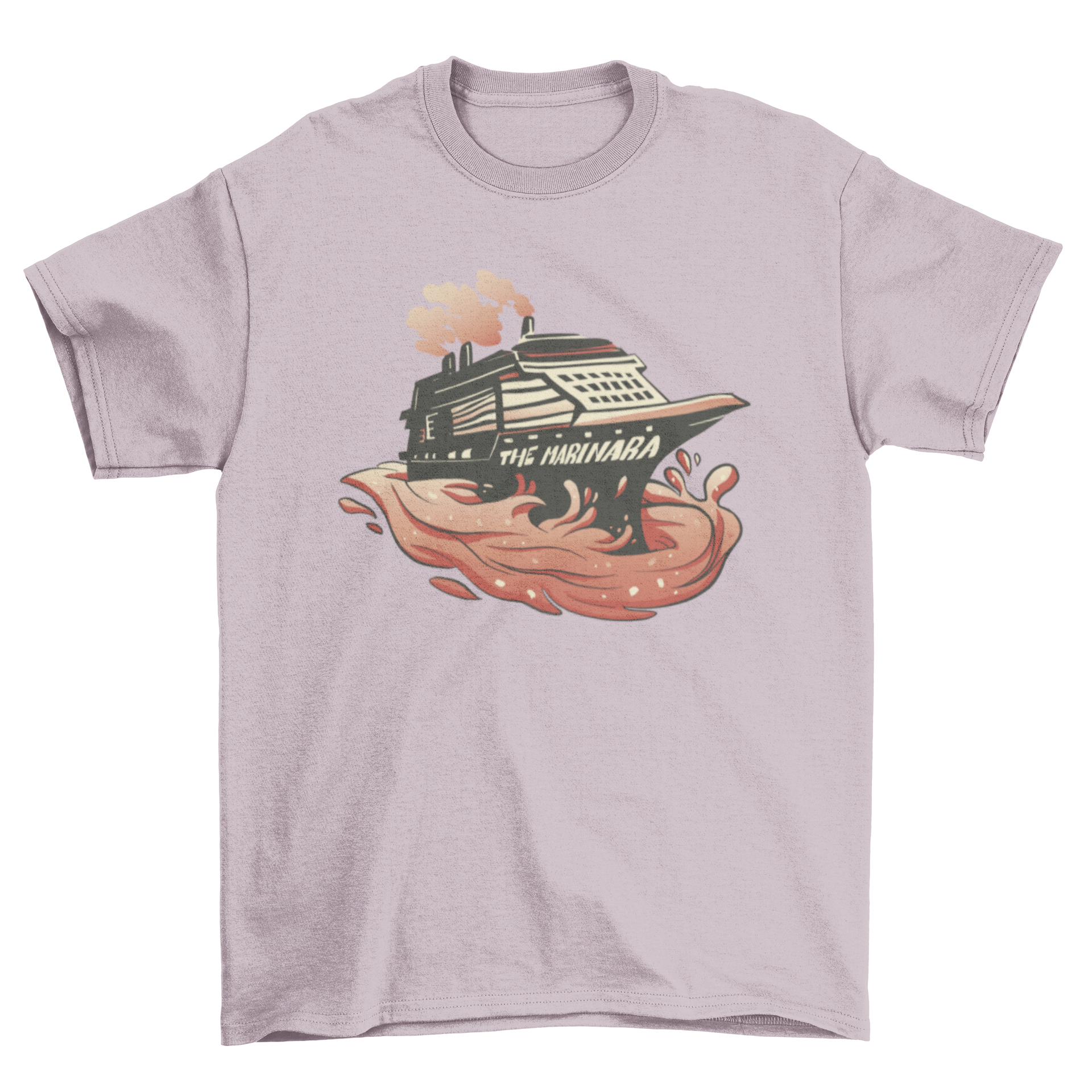 A playful t-shirt featuring a cruise ship sailing on a vibrant sea of marinara sauce, showcasing a unique and fun design.