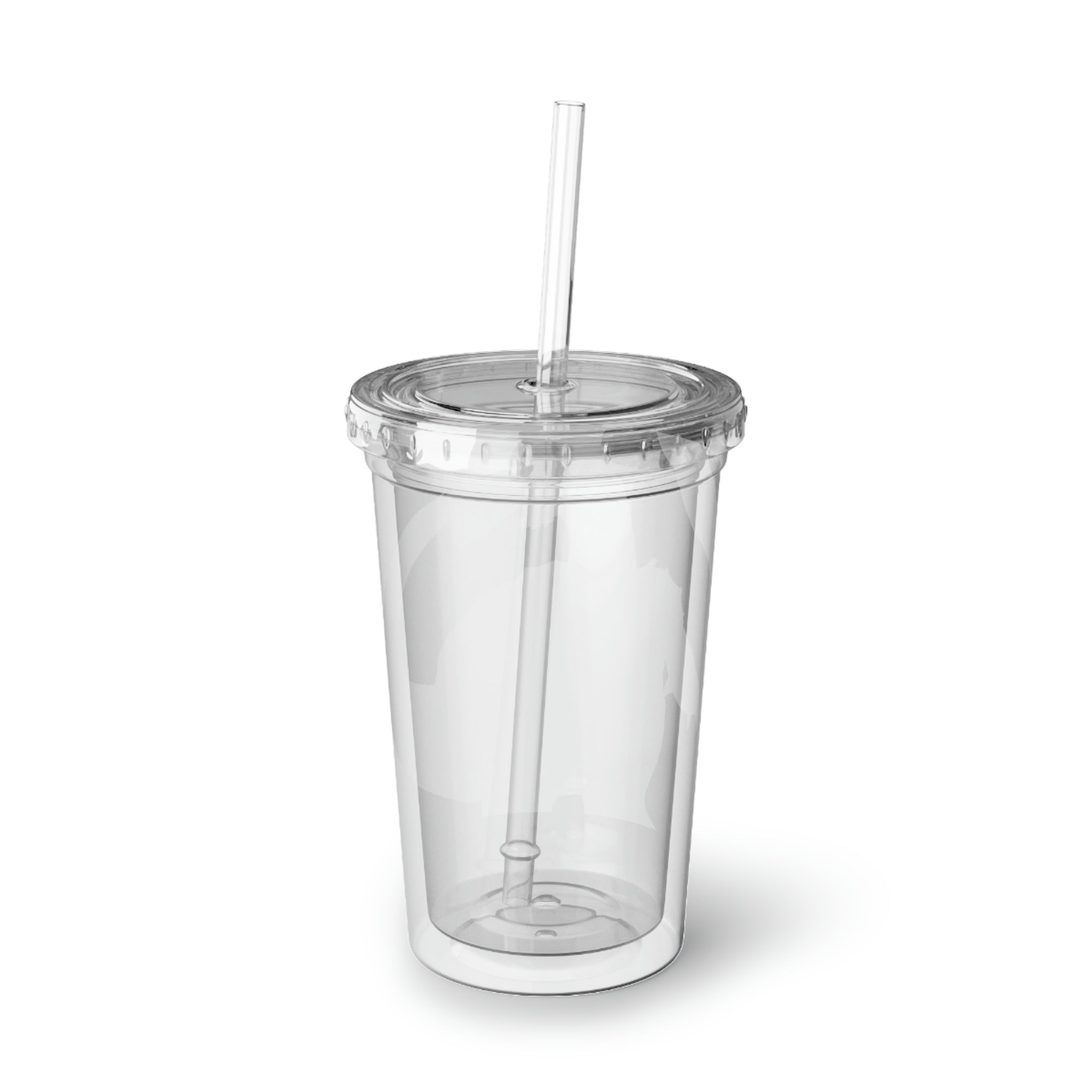 Shirei Suave Acrylic Cup in stainless steel with a black screw-on cap and plastic straw, showcasing a customizable design.