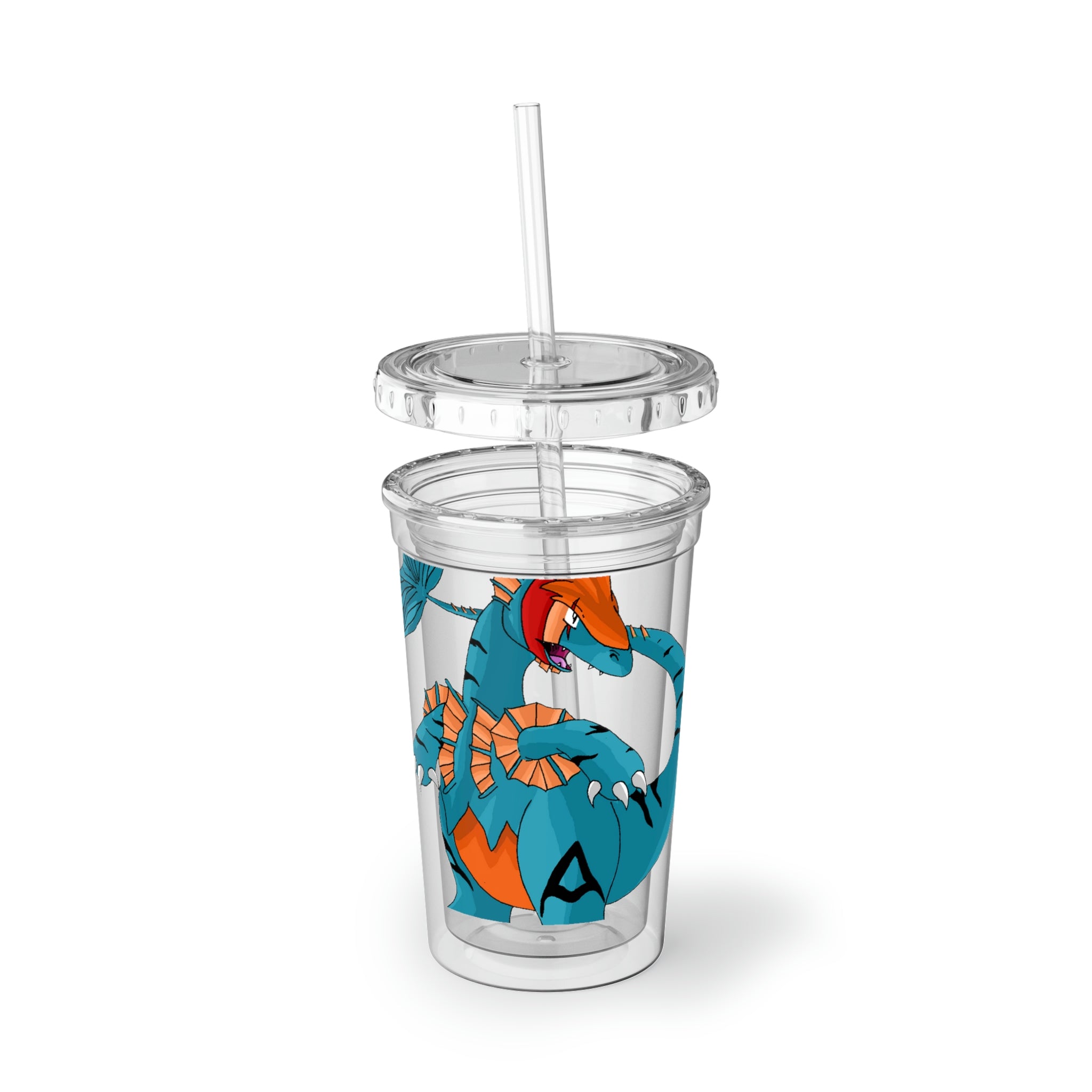 Shirei Suave Acrylic Cup in stainless steel with a black screw-on cap and plastic straw, showcasing a customizable design.